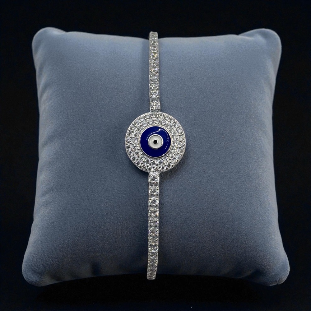 Sterling Silver Evil Eye Adjustable‎ Bracelet Sparkle Crystals Blue Enamel